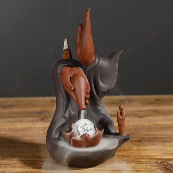 Purple sand lotus bergamot LED light Zen backflow incense burner, creative home crafts aromatherapy burner ornament - Toy Collection