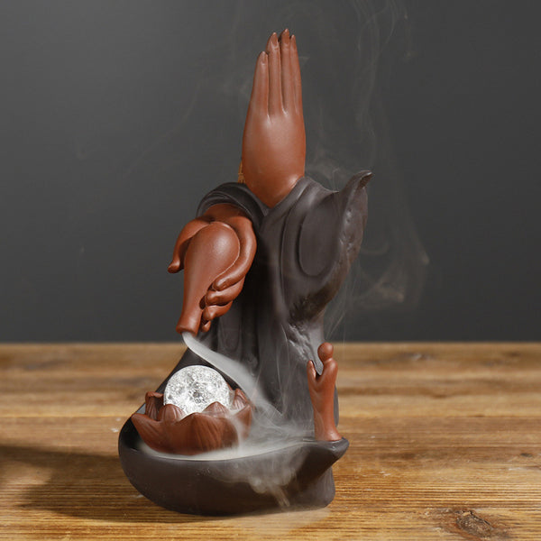 Purple sand lotus bergamot LED light Zen backflow incense burner, creative home crafts aromatherapy burner ornament - Toy Collection