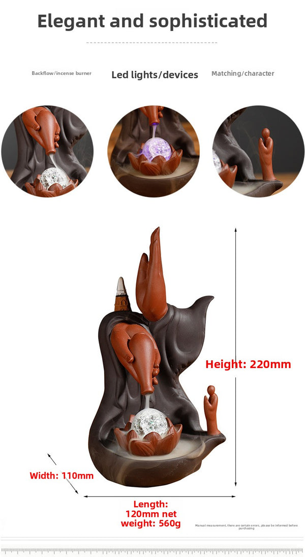 Purple sand lotus bergamot LED light Zen backflow incense burner, creative home crafts aromatherapy burner ornament - Toy Collection