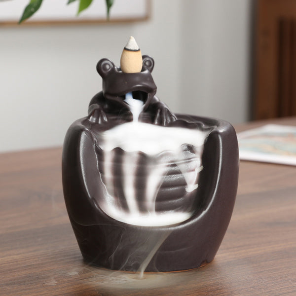 Ceramic lotus smoke backflow aromatherapy burner, creative lotus leaf frog backflow sandalwood burner home ornament - Toy Collection