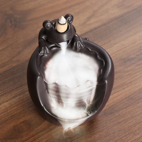 Ceramic lotus smoke backflow aromatherapy burner, creative lotus leaf frog backflow sandalwood burner home ornament - Toy Collection