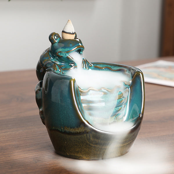 Ceramic lotus smoke backflow aromatherapy burner, creative lotus leaf frog backflow sandalwood burner home ornament - Toy Collection