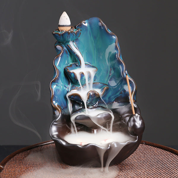 Ceramic lotus smoke return waterfall incense burner creative blue lotus backflow aromatherapy burner home ornament - Toy Collection