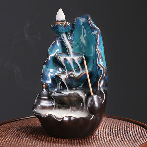 Ceramic lotus smoke return waterfall incense burner creative blue lotus backflow aromatherapy burner home ornament - Toy Collection