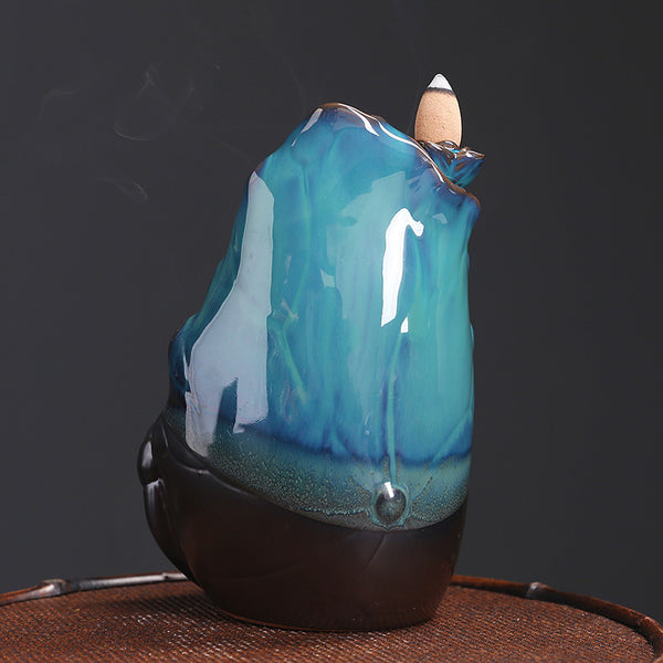 Ceramic lotus smoke return waterfall incense burner creative blue lotus backflow aromatherapy burner home ornament - Toy Collection
