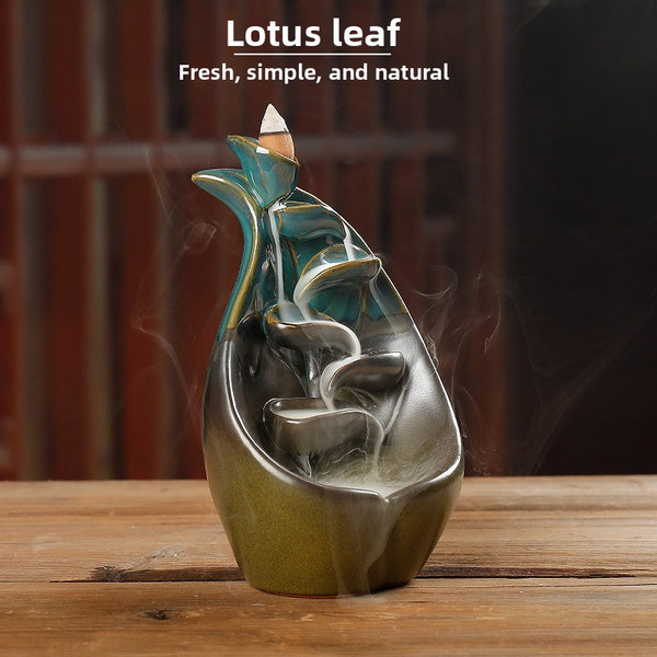 Ceramic backflow incense burner lotus leaf lotus blue left and right source aromatherapy burner handicraft home ornament - Toy Collection