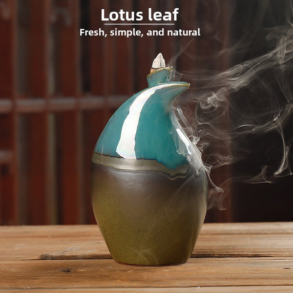 Ceramic backflow incense burner lotus leaf lotus blue left and right source aromatherapy burner handicraft home ornament - Toy Collection