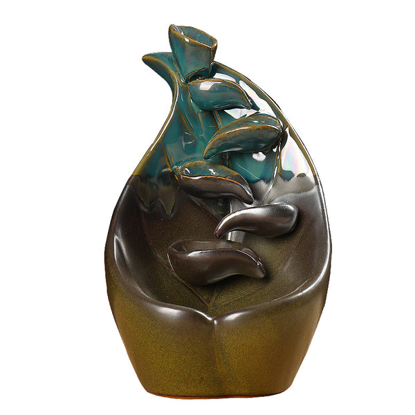 Ceramic backflow incense burner lotus leaf lotus blue left and right source aromatherapy burner handicraft home ornament - Toy Collection