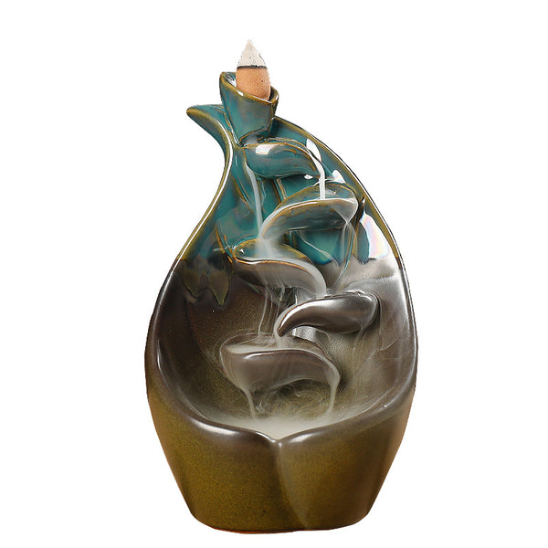 Ceramic backflow incense burner lotus leaf lotus blue left and right source aromatherapy burner handicraft home ornament - Toy Collection