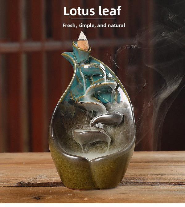 Ceramic backflow incense burner lotus leaf lotus blue left and right source aromatherapy burner handicraft home ornament - Toy Collection