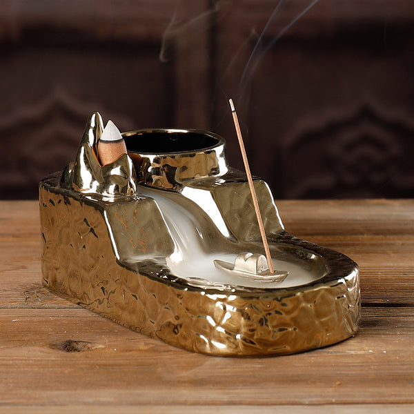 Ceramic Sandalwood Smoke Backflow Aromatherapy Furnace, Creative Gold-plated Landscape Hydroponics Multifunctional Fragrance Ornament - Toy Collection