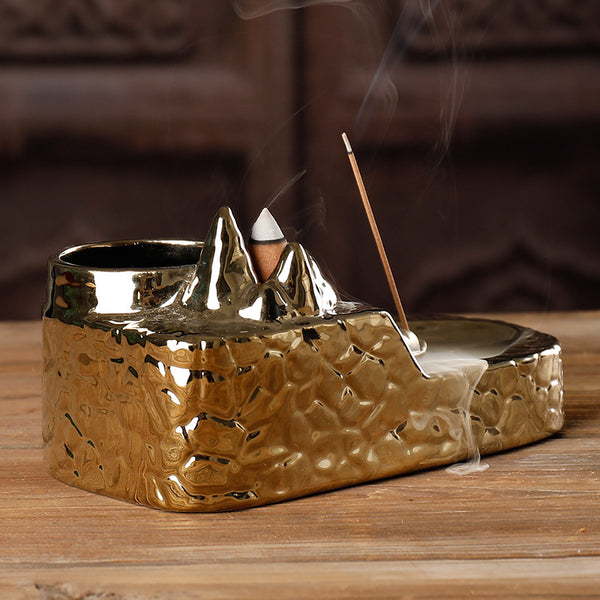 Ceramic Sandalwood Smoke Backflow Aromatherapy Furnace, Creative Gold-plated Landscape Hydroponics Multifunctional Fragrance Ornament - Toy Collection