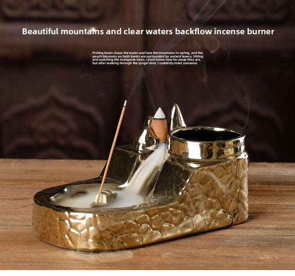 Ceramic Sandalwood Smoke Backflow Aromatherapy Furnace, Creative Gold-plated Landscape Hydroponics Multifunctional Fragrance Ornament - Toy Collection