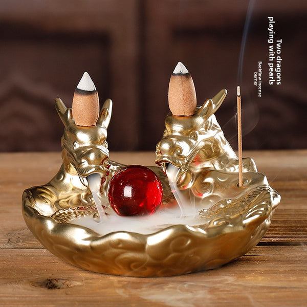Ceramic small color dragon smoke backflow aromatherapy stove creative double dragon play beads sandalwood stove home ornament - Toy Collection