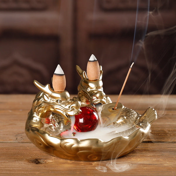 Ceramic small color dragon smoke backflow aromatherapy stove creative double dragon play beads sandalwood stove home ornament - Toy Collection