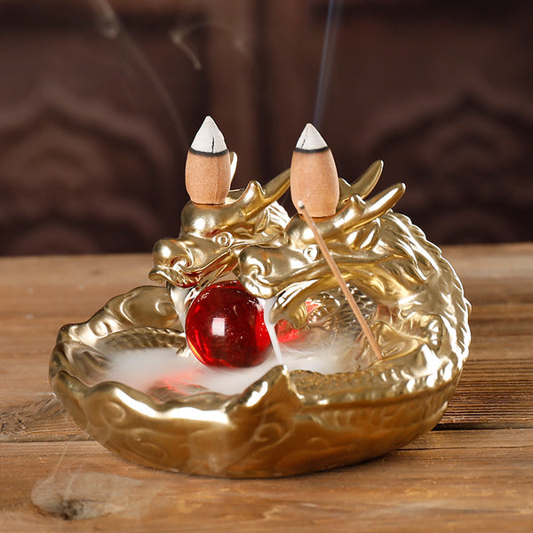 Ceramic small color dragon smoke backflow aromatherapy stove creative double dragon play beads sandalwood stove home ornament - Toy Collection