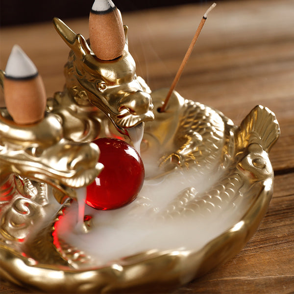 Ceramic small color dragon smoke backflow aromatherapy stove creative double dragon play beads sandalwood stove home ornament - Toy Collection