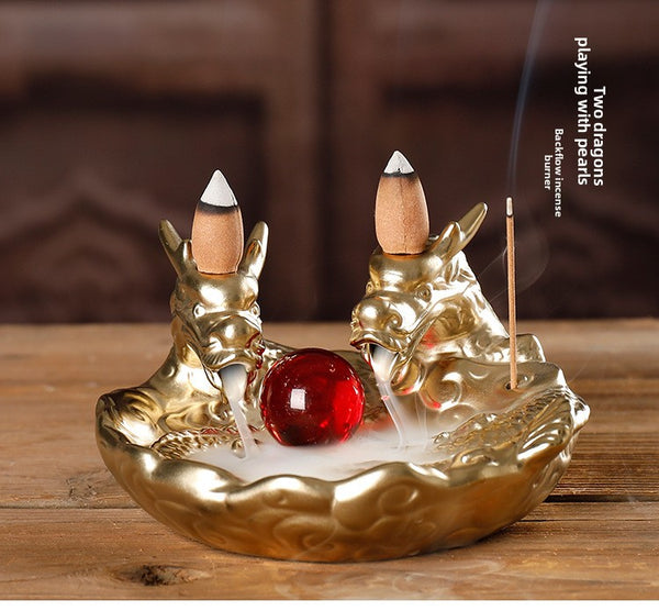 Ceramic small color dragon smoke backflow aromatherapy stove creative double dragon play beads sandalwood stove home ornament - Toy Collection