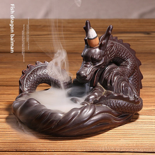 Dehua ceramic smoke backflow aromatherapy stove ornament, large fish dragon changeable backflow incense burner crafts original incense - Toy Collection