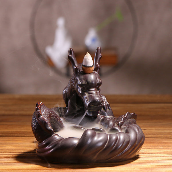 Dehua ceramic smoke backflow aromatherapy stove ornament, large fish dragon changeable backflow incense burner crafts original incense - Toy Collection