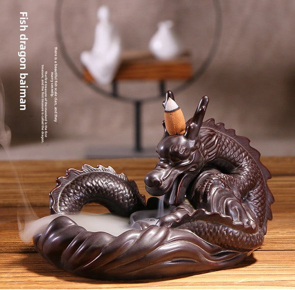 Dehua ceramic smoke backflow aromatherapy stove ornament, large fish dragon changeable backflow incense burner crafts original incense - Toy Collection