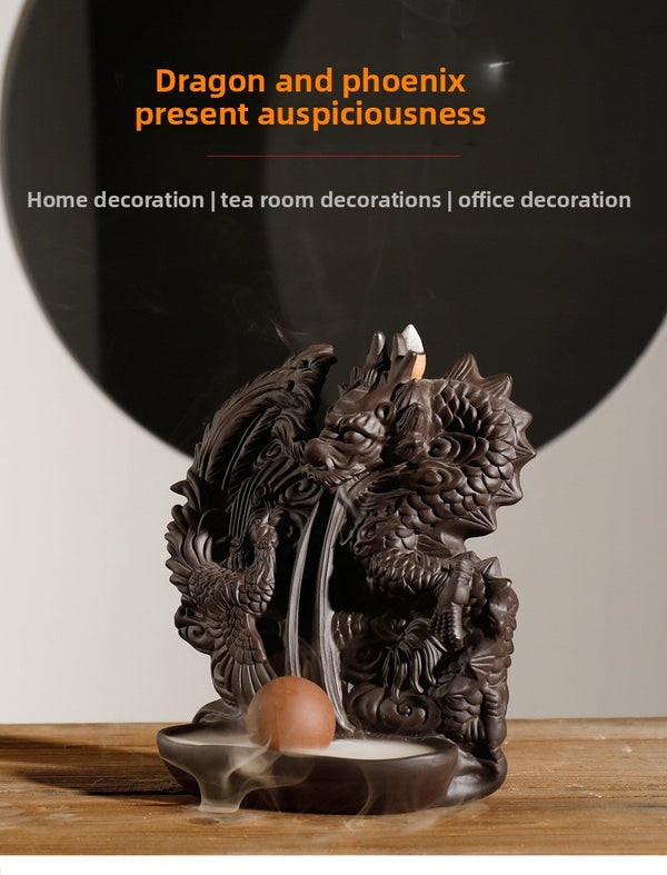 Purple sand smoke large backflow incense burner, creative dragon and phoenix Chengxiang backflow ornamental agarwood burner home ornament - Toy Collection