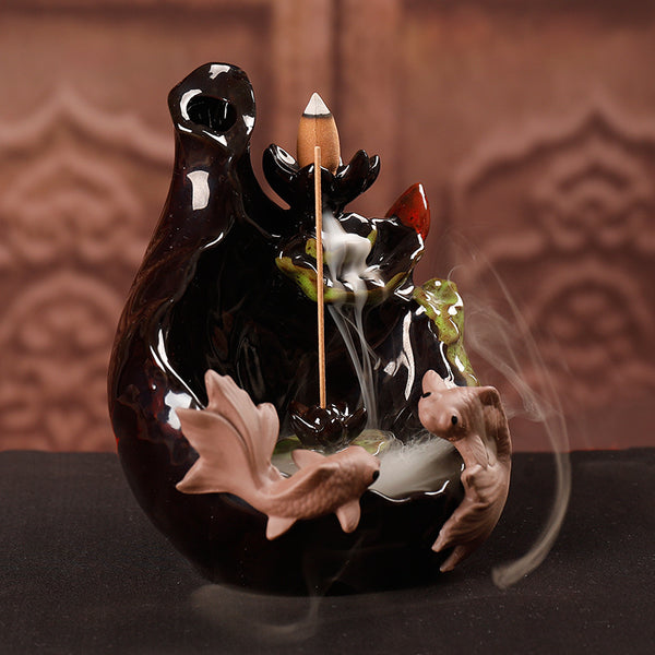 Quiet Dust Zen Ceramic Backflow Incense Burner, Creative Lotus Fish Backflow Smoke Ornamental Aromatherapy Burner Home Ornament - Toy Collection
