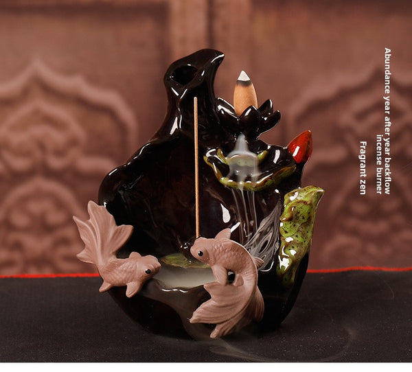 Quiet Dust Zen Ceramic Backflow Incense Burner, Creative Lotus Fish Backflow Smoke Ornamental Aromatherapy Burner Home Ornament - Toy Collection