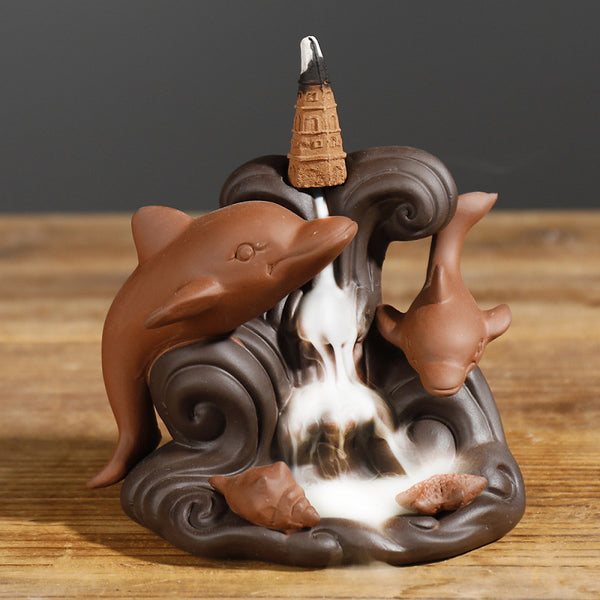 Purple sand viewing tower cigarette backflow incense burner creative marine animal dolphin sandalwood backflow aromatherapy burner ornament - Toy Collection