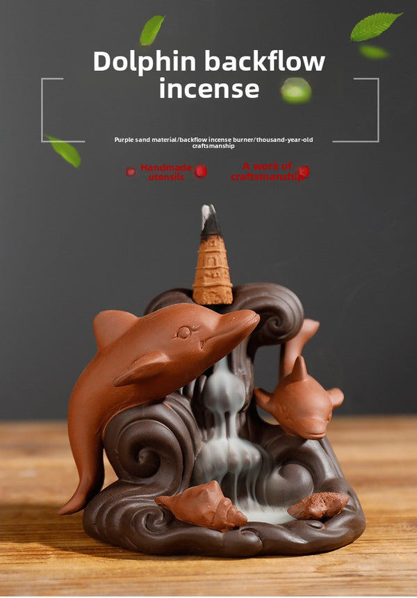Purple sand viewing tower cigarette backflow incense burner creative marine animal dolphin sandalwood backflow aromatherapy burner ornament - Toy Collection
