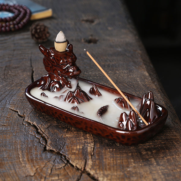 Hot-selling ceramic backflow incense burner small dragon alpine flowing water backflow aromatherapy burner home ornaments - Toy Collection