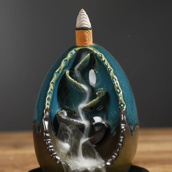 New Ceramic Blue Left and Right Egg Shaped Ornamental Smoke Backflow Aromatherapy Burner Crafts Ceramic Incense Burner - Toy Collection