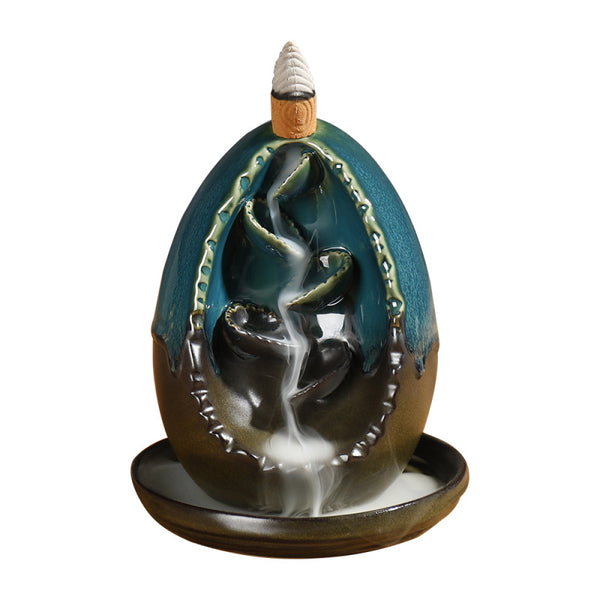 New Ceramic Blue Left and Right Egg Shaped Ornamental Smoke Backflow Aromatherapy Burner Crafts Ceramic Incense Burner - Toy Collection