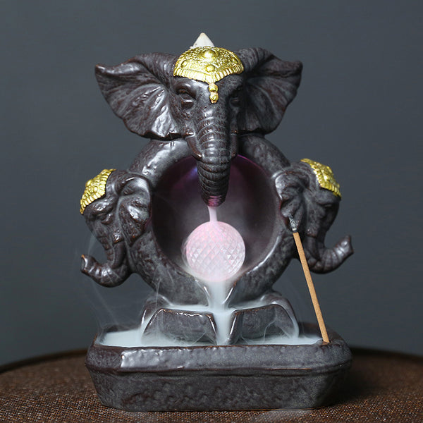 Ceramic Elephant Backflow Incense Burner, Creative LED Light Elephant God Aromatherapy Burner Backflow Smoke Home Ornament - Toy Collection