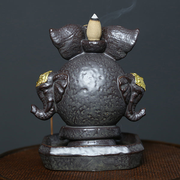 Ceramic Elephant Backflow Incense Burner, Creative LED Light Elephant God Aromatherapy Burner Backflow Smoke Home Ornament - Toy Collection
