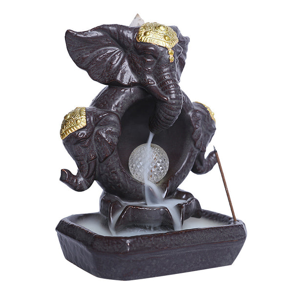 Ceramic Elephant Backflow Incense Burner, Creative LED Light Elephant God Aromatherapy Burner Backflow Smoke Home Ornament - Toy Collection