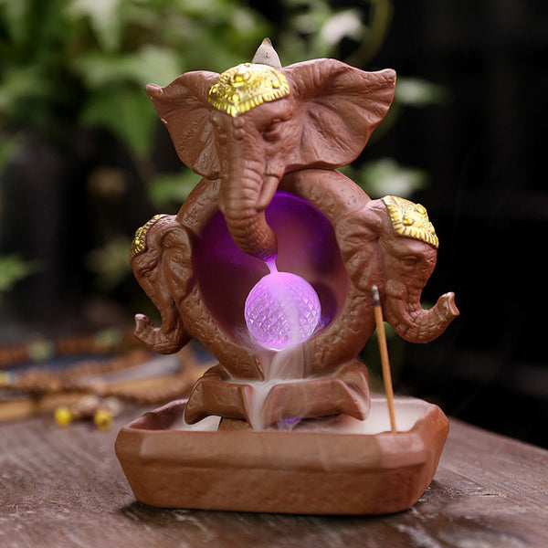 Ceramic Elephant Backflow Incense Burner, Creative LED Light Elephant God Aromatherapy Burner Backflow Smoke Home Ornament - Toy Collection