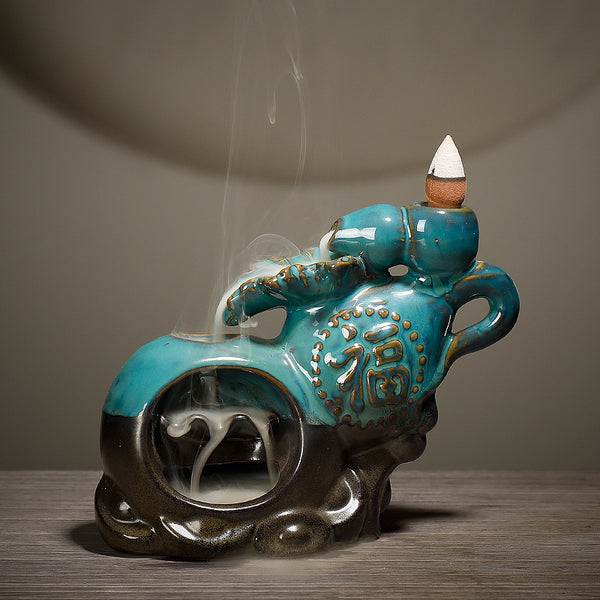 Quiet dust, Dehua ceramic smoke backflow aromatherapy burner, blue Zuofengyuan gourd backflow incense burner crafts - Toy Collection