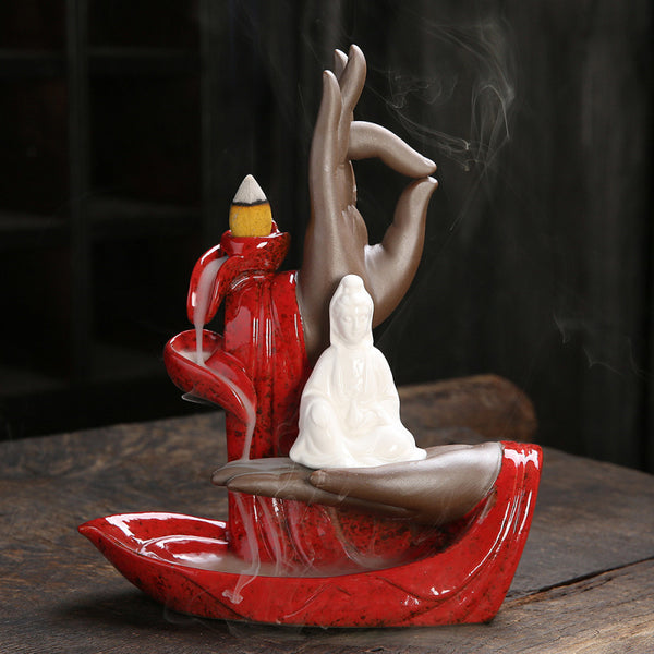 Quiet Dust, Ceramic Red Bergamot Lotus Tathagata Backflow Aromatherapy Burner Home Ornament Original - Toy Collection