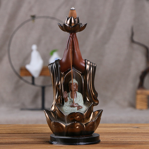 Ceramic incense burner Lotus golden bergamot Tathagata aromatherapy burner, Guanyin smoke backflow incense burner ornament - Toy Collection