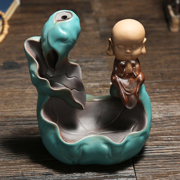 Ceramic green lotus backflow incense burner, small novice aromatherapy burner ornament, handicrafts, more incense every year - Toy Collection