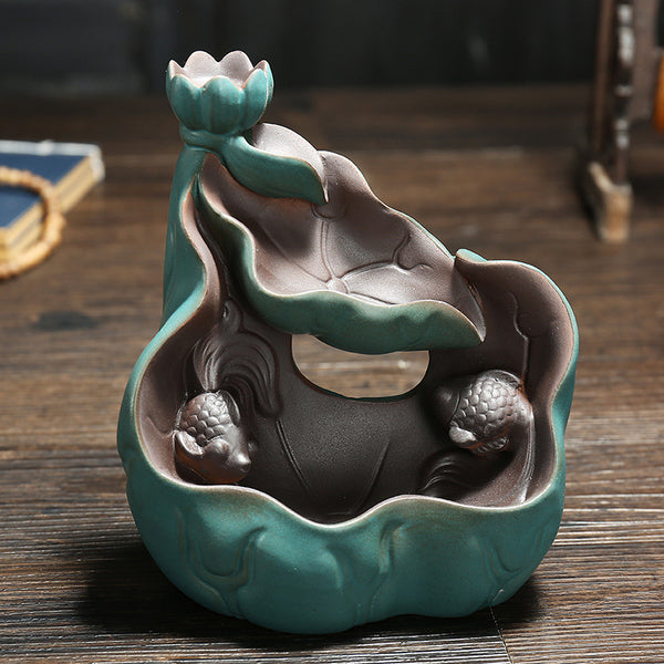Ceramic green lotus backflow incense burner, small novice aromatherapy burner ornament, handicrafts, more incense every year - Toy Collection
