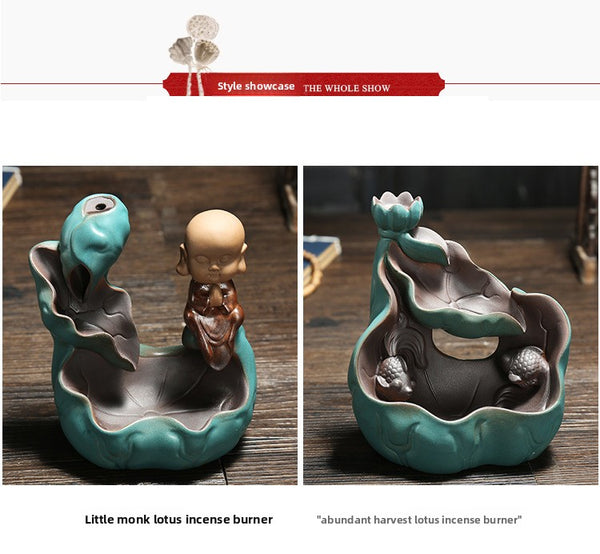 Ceramic green lotus backflow incense burner, small novice aromatherapy burner ornament, handicrafts, more incense every year - Toy Collection