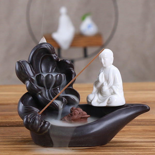 Ceramic backflow incense burner, antique lotus pond moonlight Tathagata aromatherapy burner home ornament Guanyin original - Toy Collection