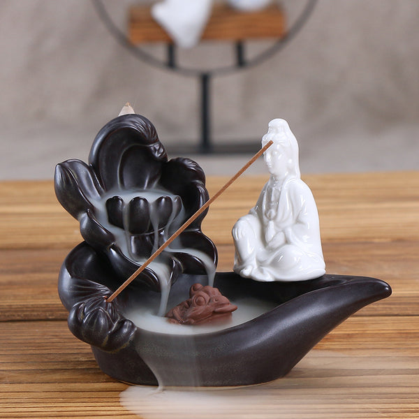 Ceramic backflow incense burner, antique lotus pond moonlight Tathagata aromatherapy burner home ornament Guanyin original - Toy Collection