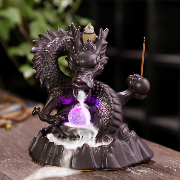 Ceramic Chinese-style auspicious dragon backflow incense burner, creative LED light backflow sandalwood burner, original home jewelry ornament - Toy Collection