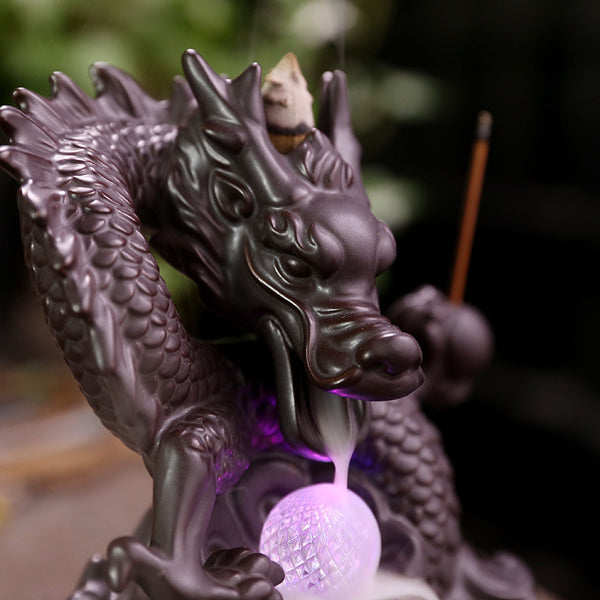 Ceramic Chinese-style auspicious dragon backflow incense burner, creative LED light backflow sandalwood burner, original home jewelry ornament - Toy Collection