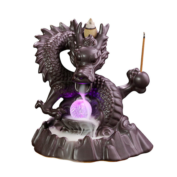 Ceramic Chinese-style auspicious dragon backflow incense burner, creative LED light backflow sandalwood burner, original home jewelry ornament - Toy Collection