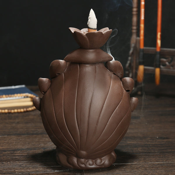 Western Sansheng Backflow Incense Burner, Tower Incense Creative Purple Sand Lotus Aromatherapy Burner Rulai Smoke Backflow Incense - Toy Collection