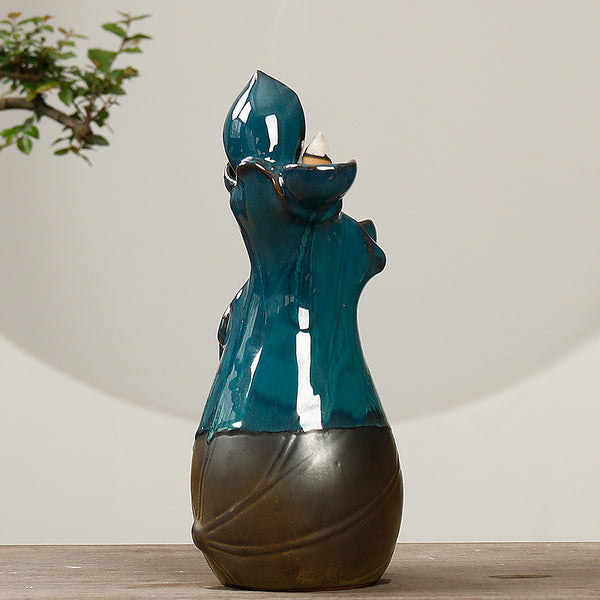 Ceramic ornamental smoke backflow aromatherapy stove, creative green lotus lotus dance incense road handicraft home decoration - Toy Collection
